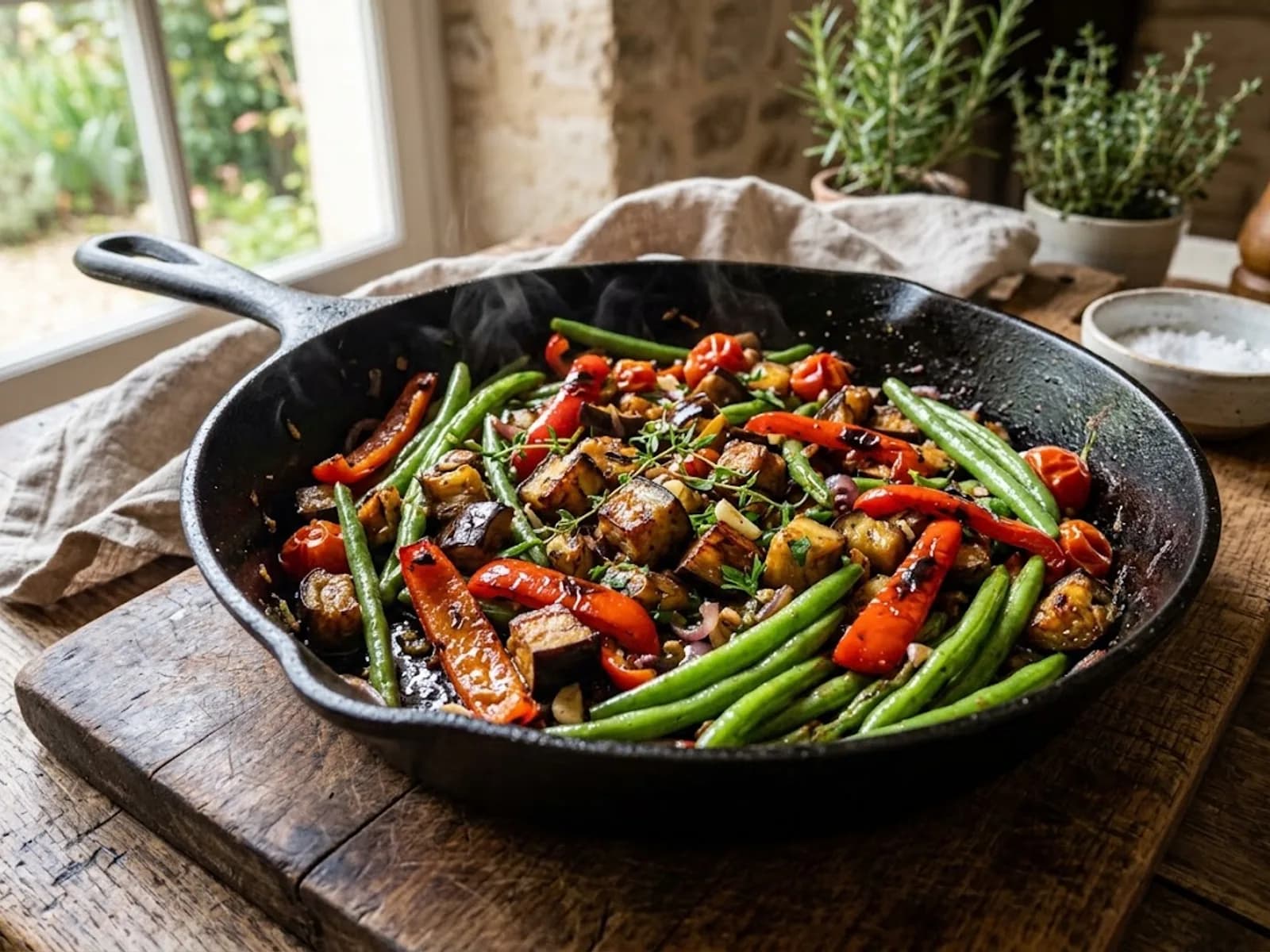 Photo de Poêlée sautée d'aubergines, poivrons et haricots