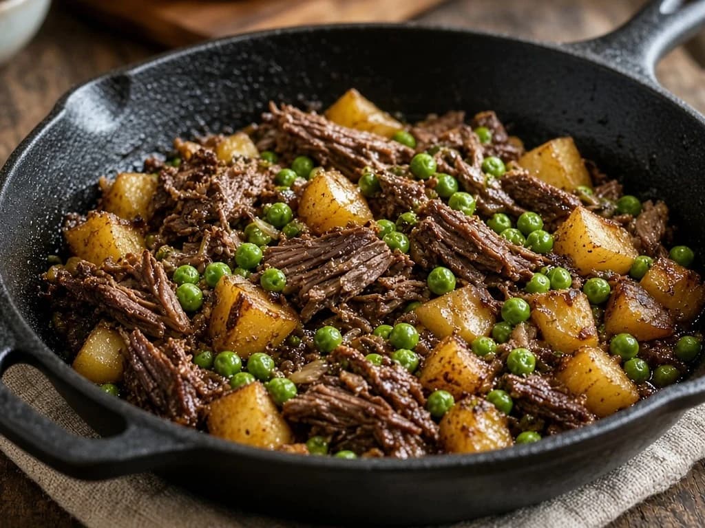 Poêlée sautée de bœuf effiloché, patates et petits pois