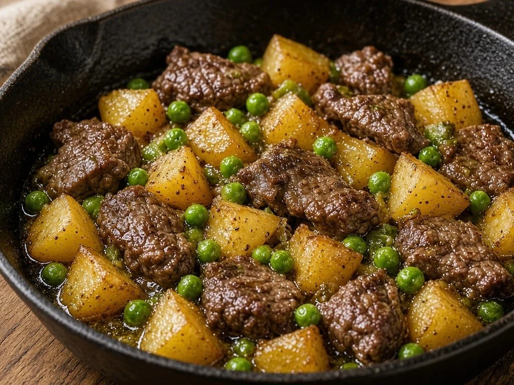 Poêlée sautée de bœuf, patates et petits pois