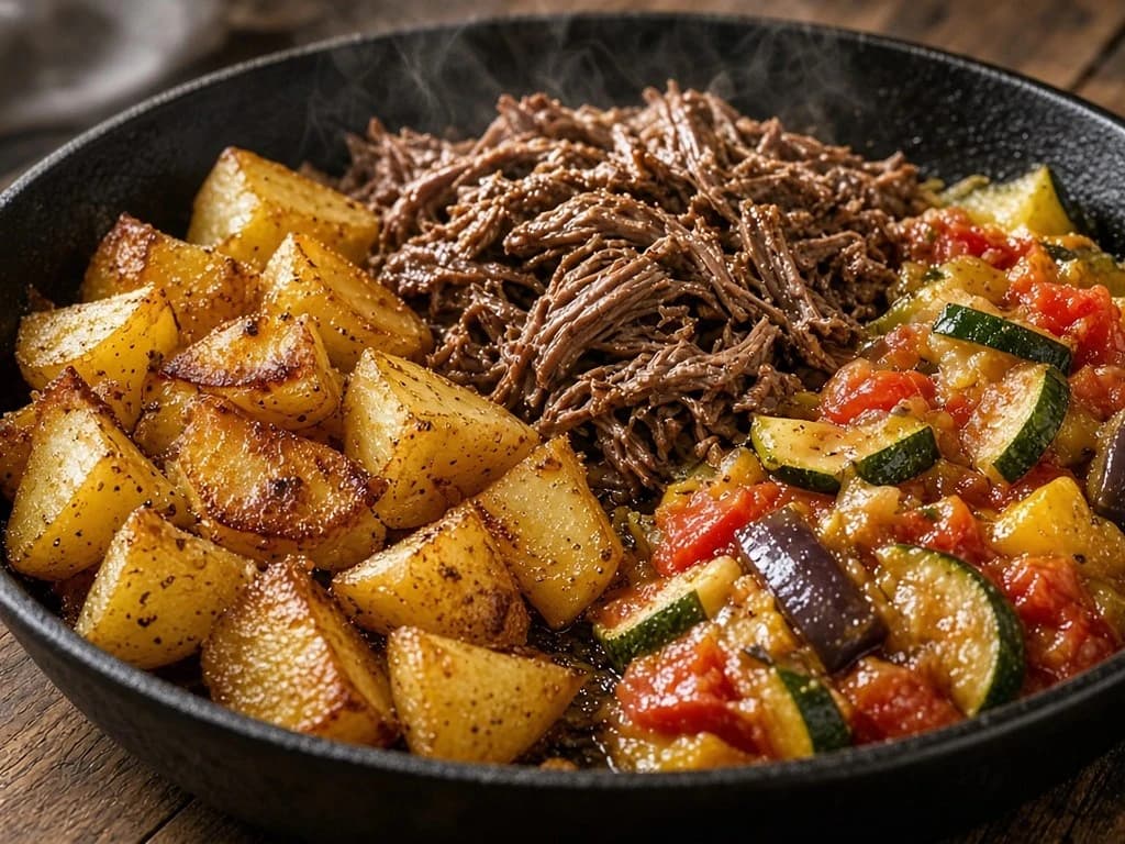Poêlée sautée de bœuf, patates rissolées et ratatouille