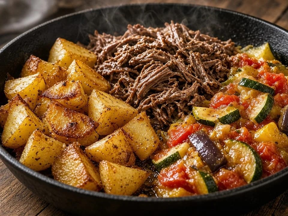 Poêlée sautée de bœuf, patates rissolées et ratatouille
