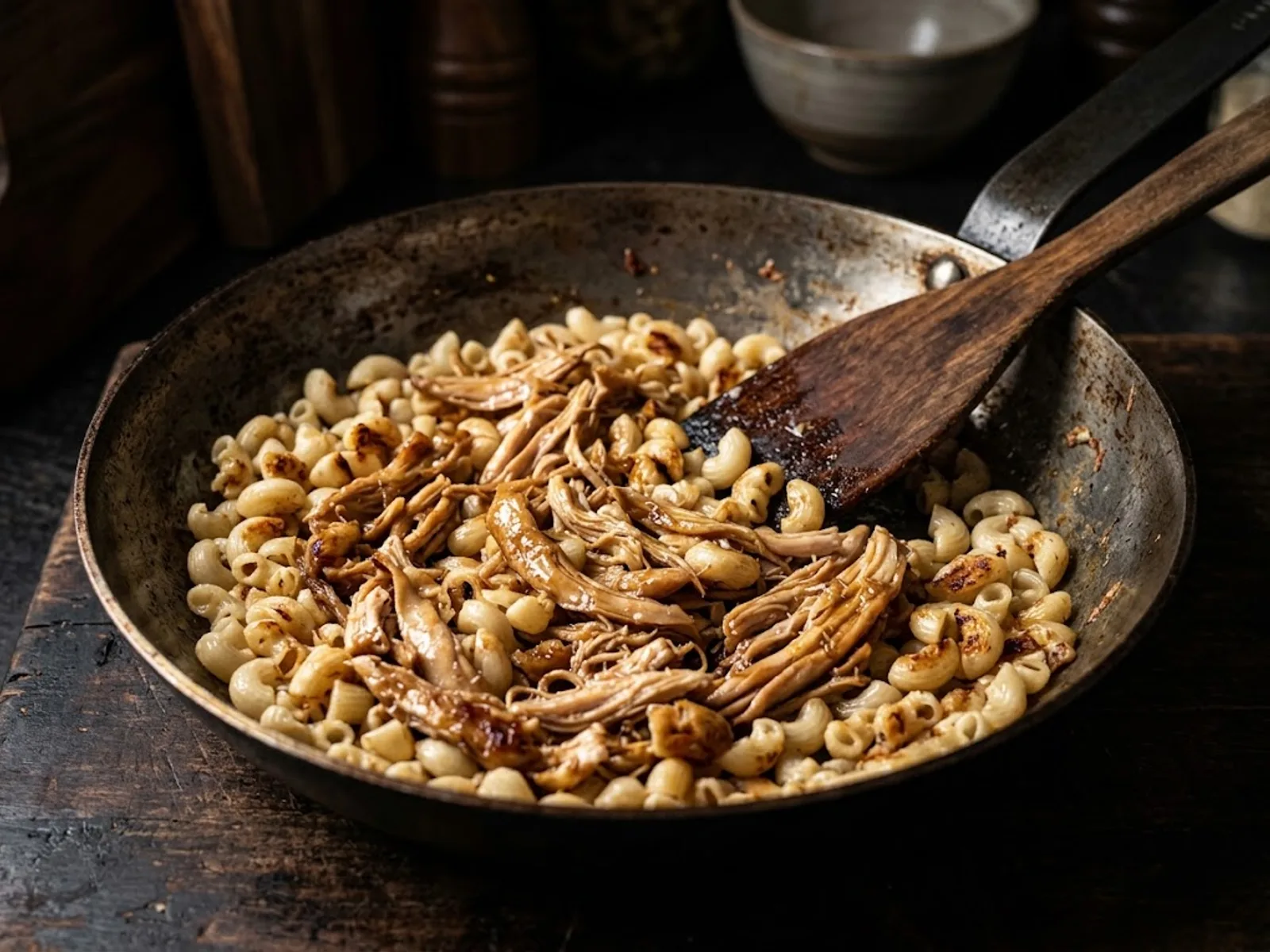 Photo de Poêlée sautée de coquillettes et poulet effiloché