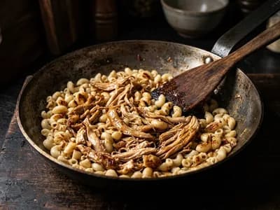 Photo de Poêlée sautée de coquillettes et poulet effiloché
