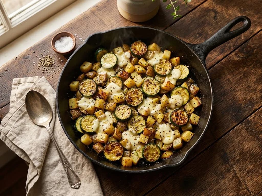 Poêlée de courgettes et pommes de terre au fromage fondu dans une poêle en fonte