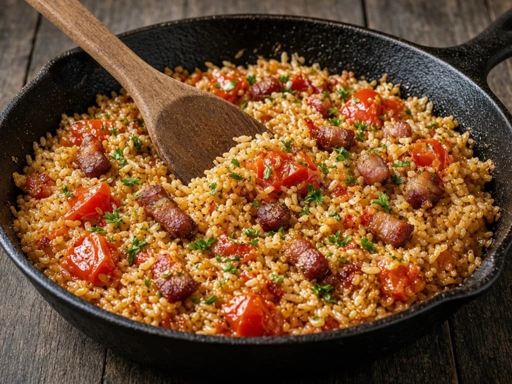 Poêlée sautée de riz croustillant aux tomates et lardons