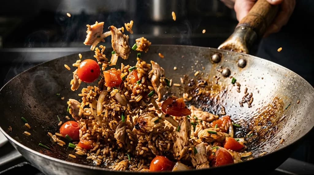 Poêlée sautée de riz et poulet façon wok, avec tomates cerises