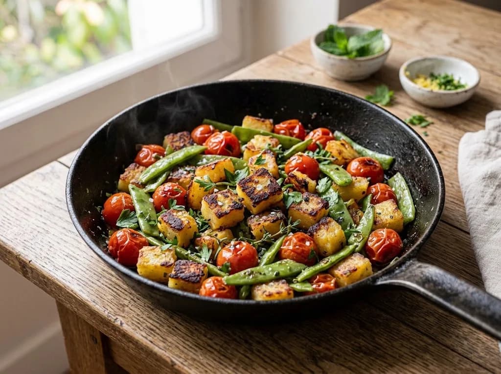 Poêlée sautée de röstis, tomates cerises et haricots plats dans une poêle en fonte — anti-gaspillage | iAssiette