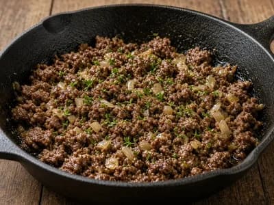 Poêlée de viande hachée égrenée dans une poêle en fonte