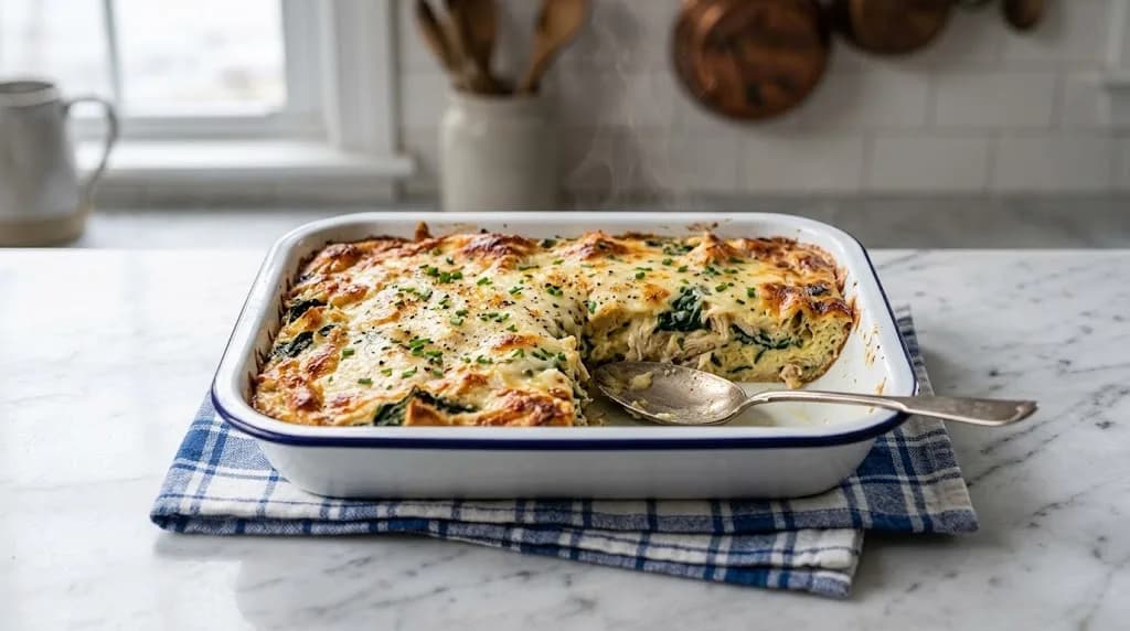 Pudding salé au poulet et épinards, gratiné au fromage