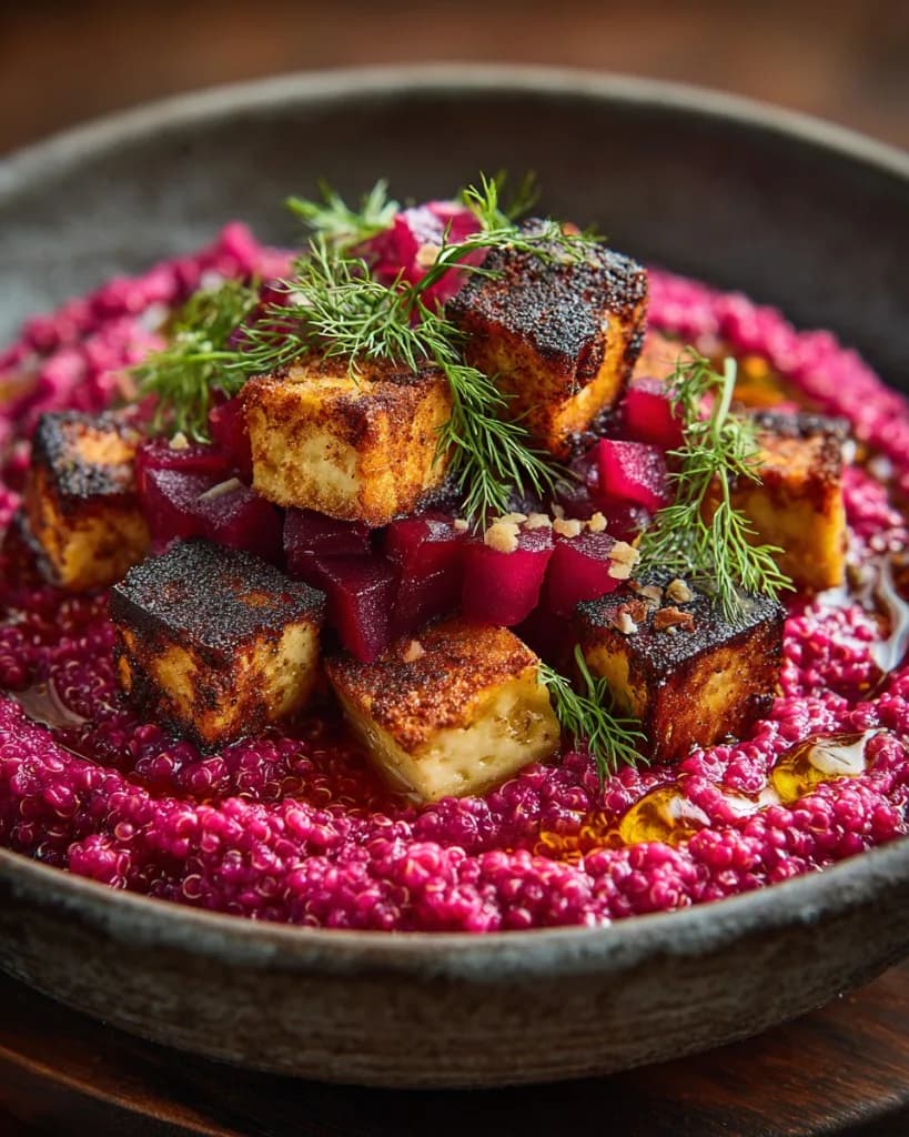 Recette Quinotto crémeux à la betterave et tofu fumé grillé — anti-gaspillage | iAssiette