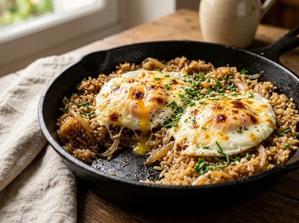 Riz sauté à l'oignon fondant et œufs gratinés dans une poêle en fonte — anti-gaspillage | iAssiette