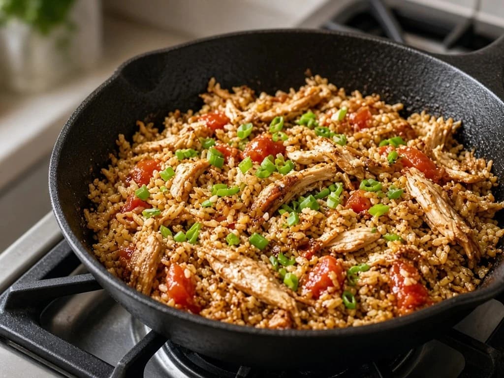 Riz sauté anti-gaspi au poulet rôti et tomates