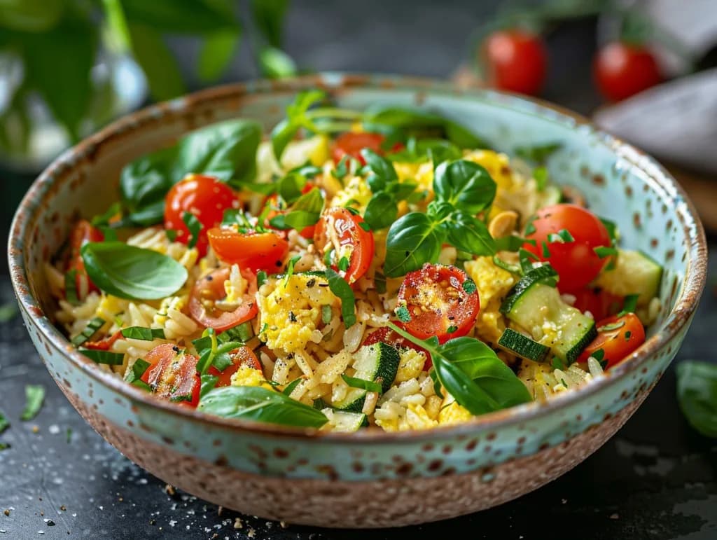 Recette Riz sauté méditerranéen aux tomates cerise et œufs brouillés — anti-gaspillage | iAssiette