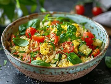 Recette Riz sauté méditerranéen aux tomates cerise et œufs brouillés — anti-gaspillage | iAssiette