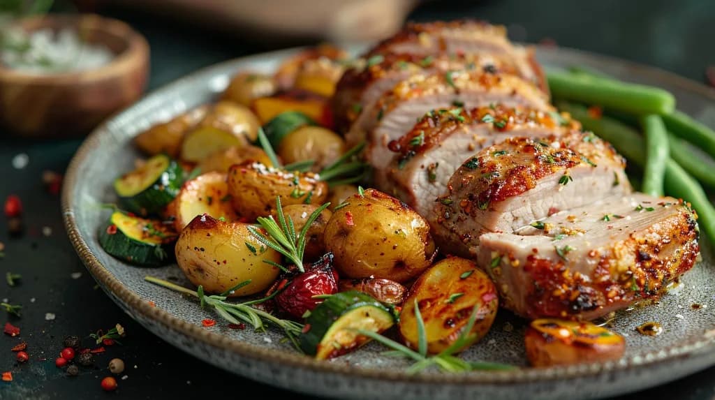 Rôti de porc juteux au thym avec méli-mélo de légumes rôtis (pommes de terre, courgettes, haricots), anti-gaspillage iAssiette