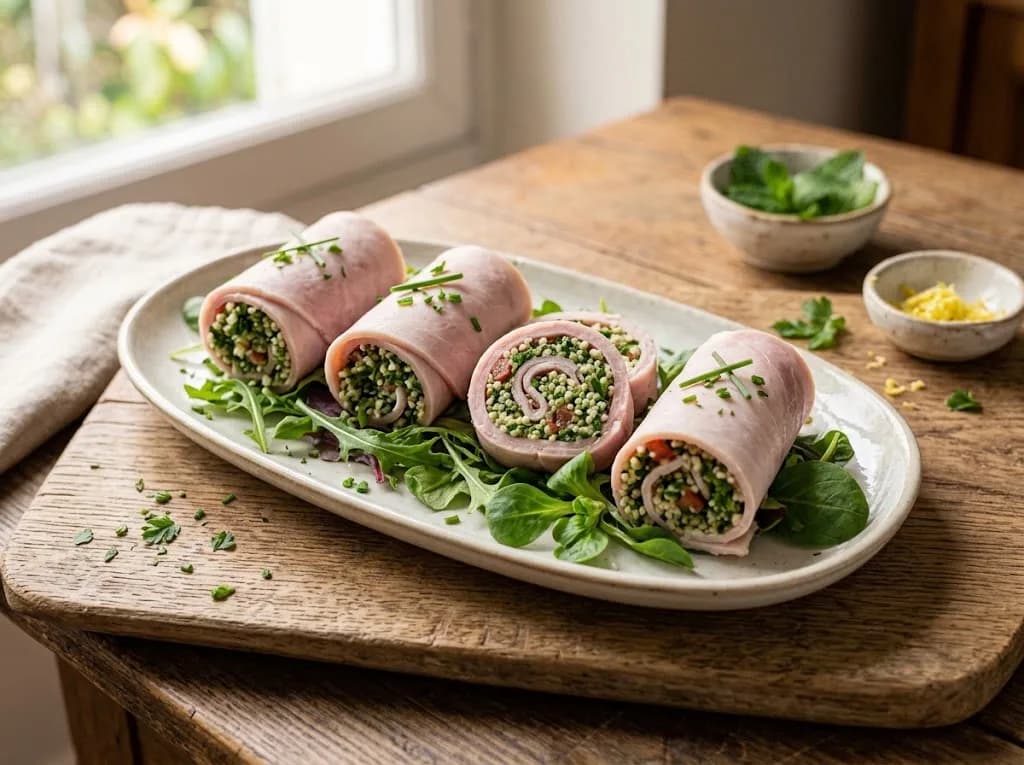 Roulés de jambon farcis au taboulé sur lit de salade, dressés sur un plat ovale — anti-gaspillage | iAssiette