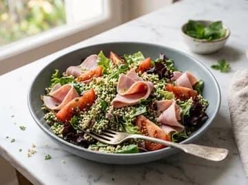 Salade composée fraîcheur au taboulé, tomates et jambon dans un saladier — anti-gaspillage | iAssiette