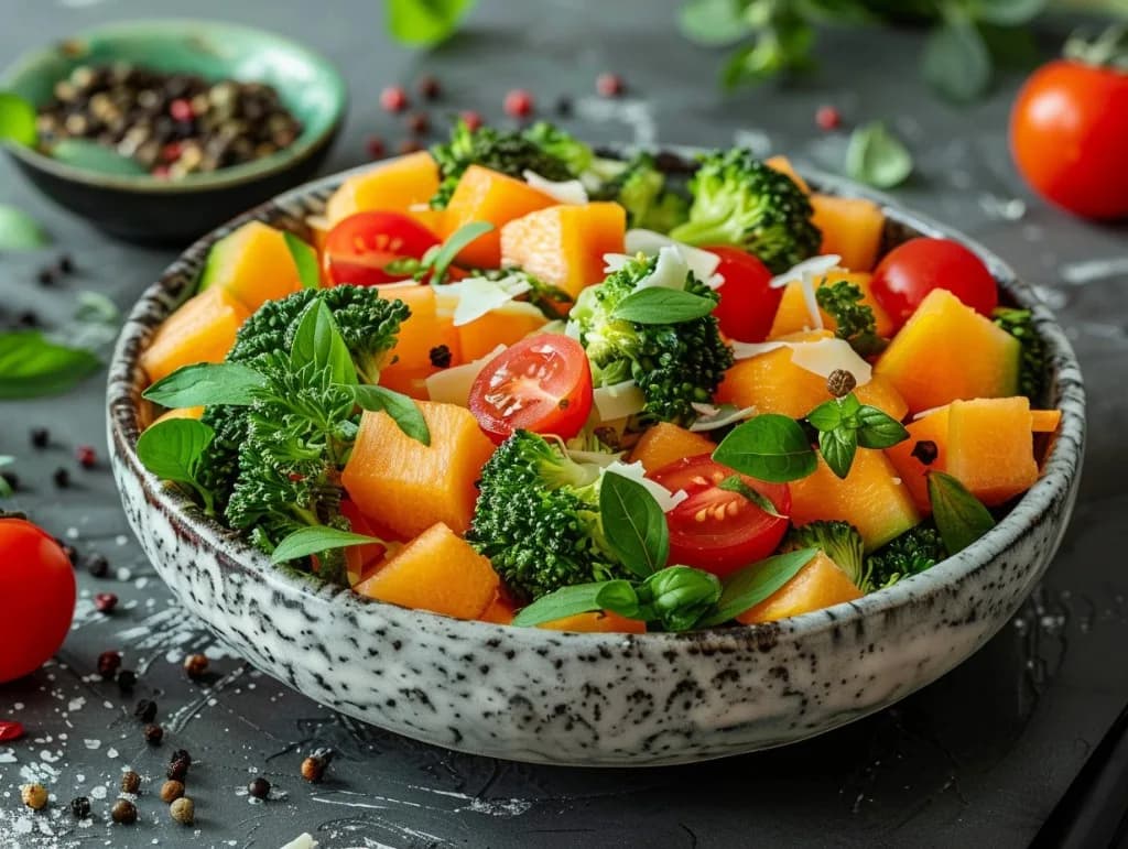 Salade estivale de melon, tomates et brocoli croquant au fromage — recette anti-gaspillage | iAssiette