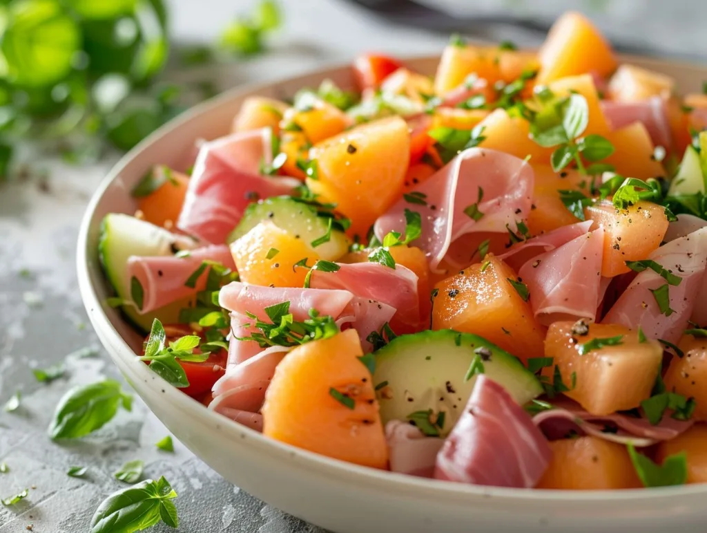 Recette Salade fraîcheur de melon, chiffonnade de jambon et camembert — anti-gaspillage | iAssiette