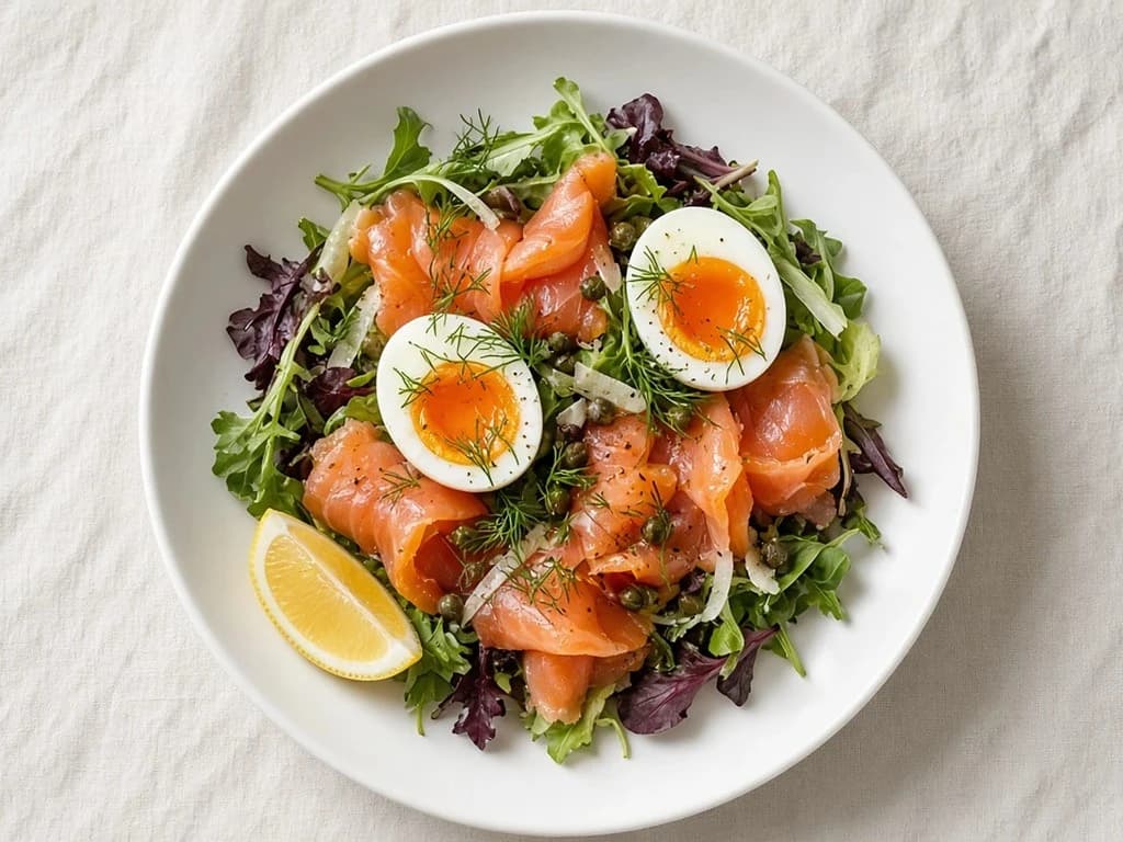 Salade tiède au saumon fumé et œufs mollets