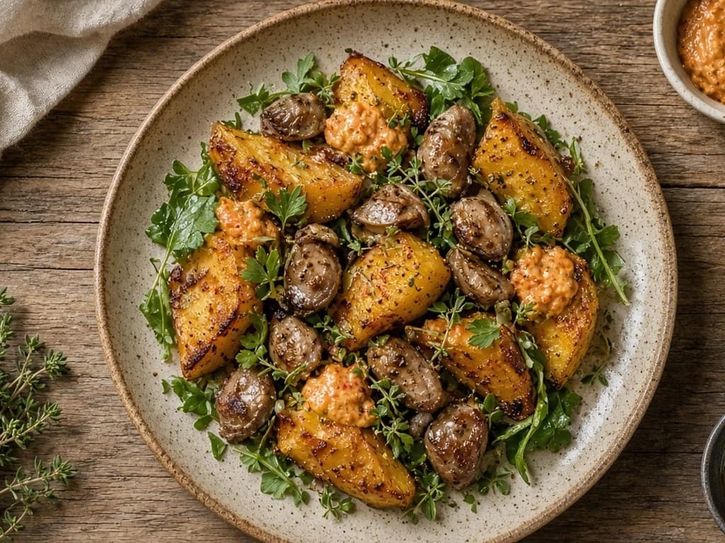 Salade tiède de melon rôti et gésiers à la rouille
