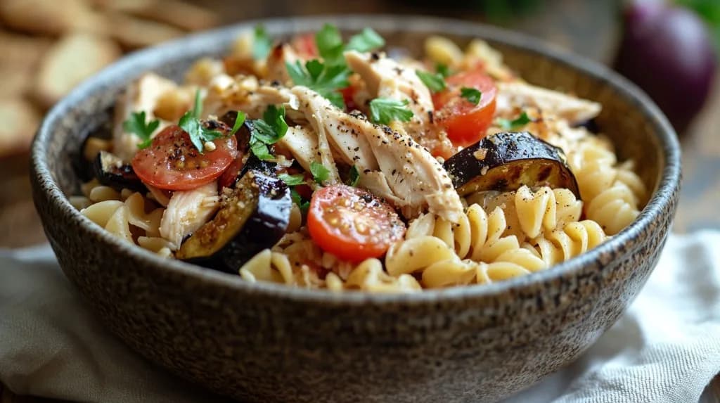 Salade tiède de pâtes au poulet doré et aubergines poêlées