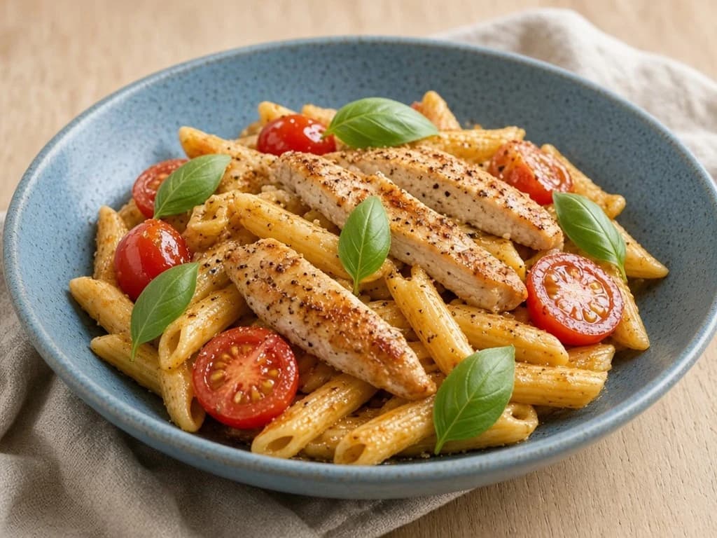 Salade tiède de pates au poulet et tomates fraîches