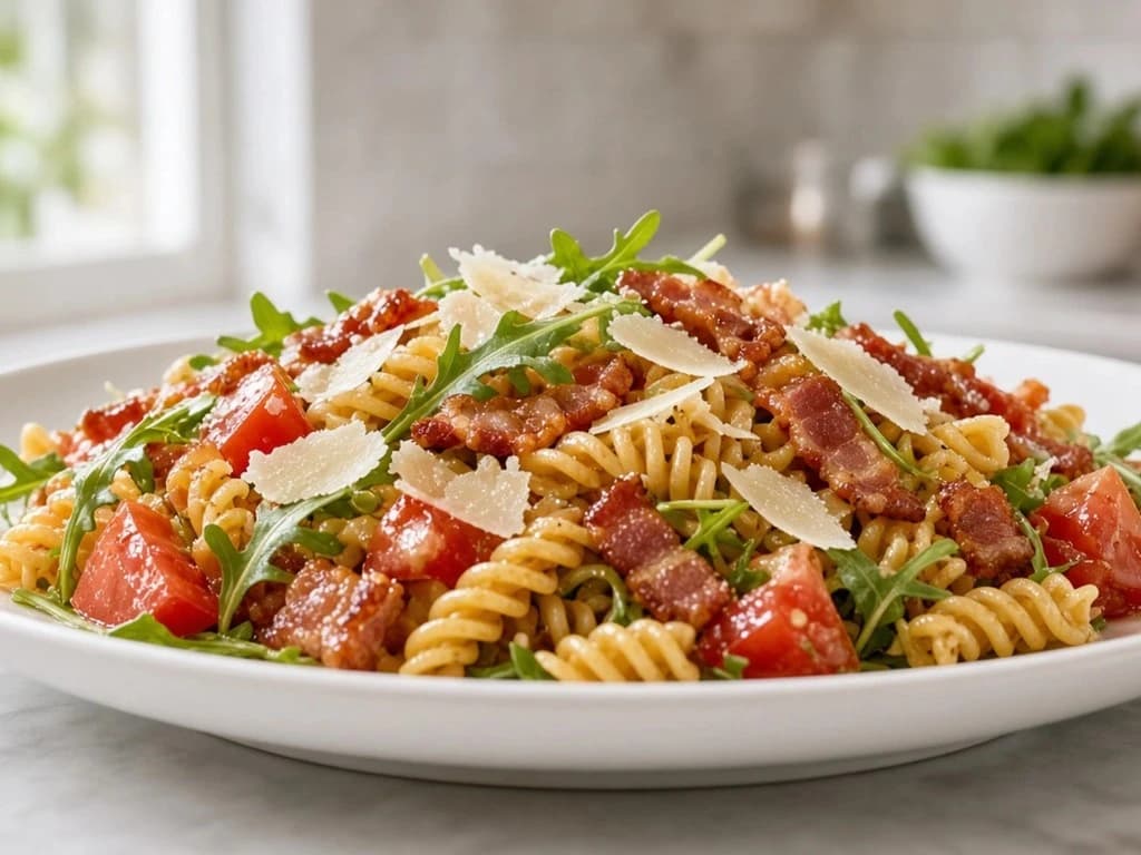 Salade tiède de pâtes sautées aux tomates fraîches et lardons croustillants