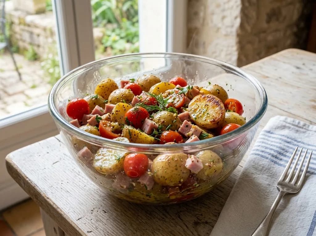 Recette Salade tiède de pommes de terre, tomate et dés de jambon — anti-gaspillage | iAssiette