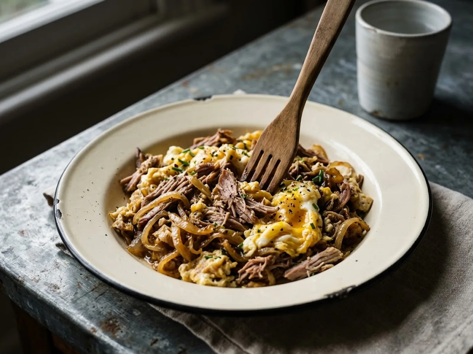 Photo de Sauté de viande effilochée aux œufs et oignons