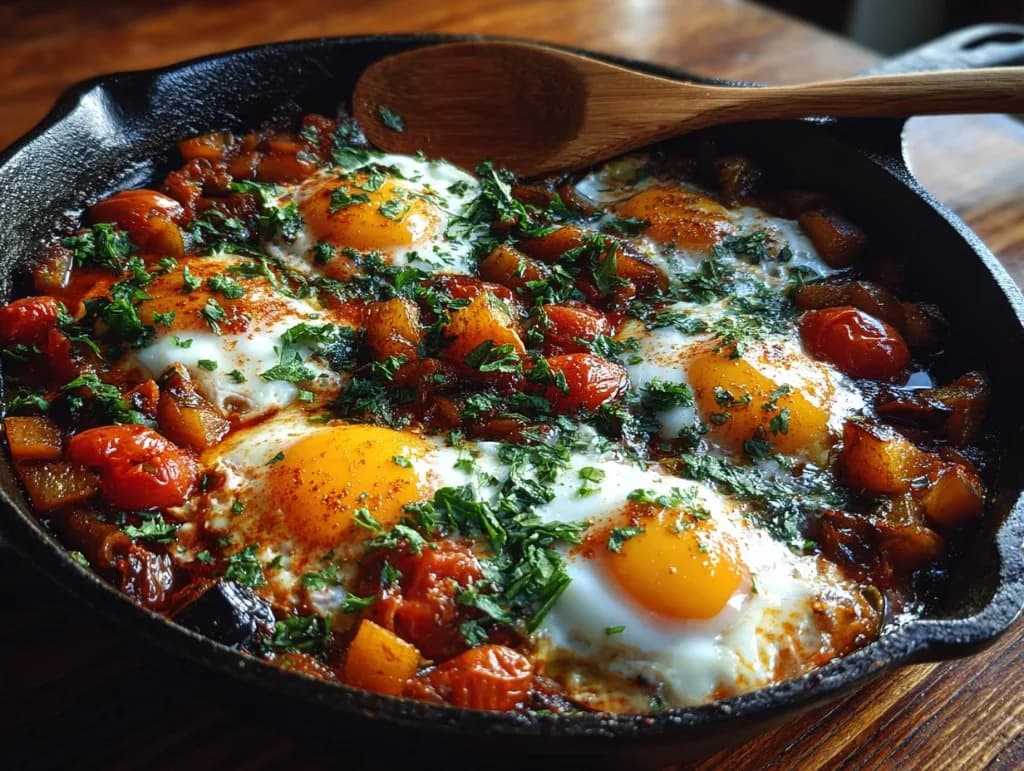 Shakshuka express aubergine et tomates cerises, œufs coulants — recette anti-gaspillage iAssiette