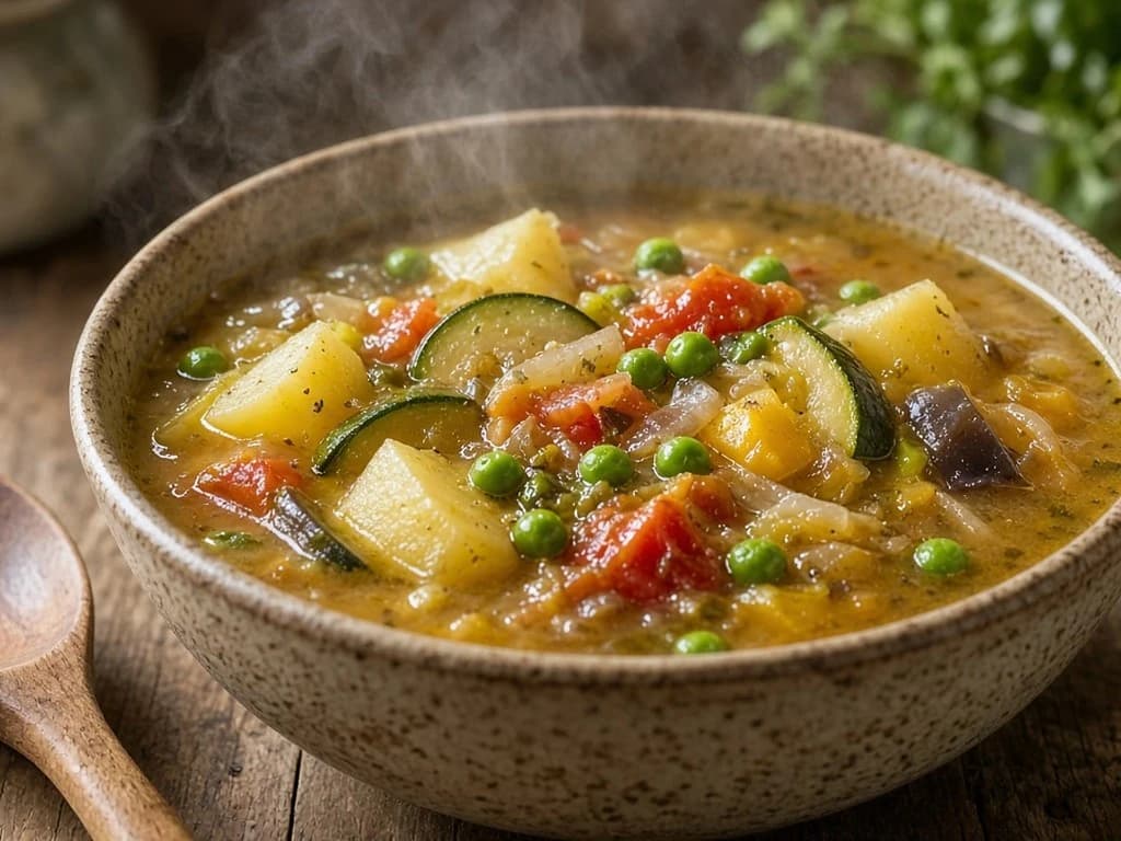 Soupe paysanne aux patates, petits pois et ratatouille