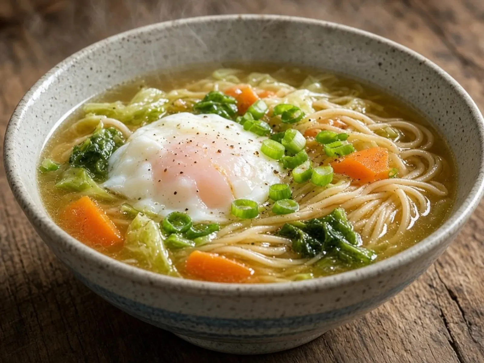 Soupe de nouilles au bouillon et œuf poché
