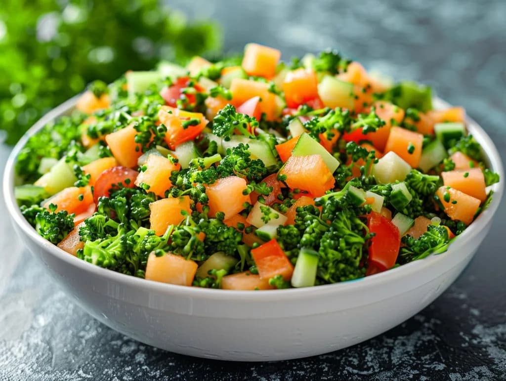 Taboulé fraîcheur de brocoli cru râpé, melon et dés de fromage — salade anti-gaspillage | iAssiette