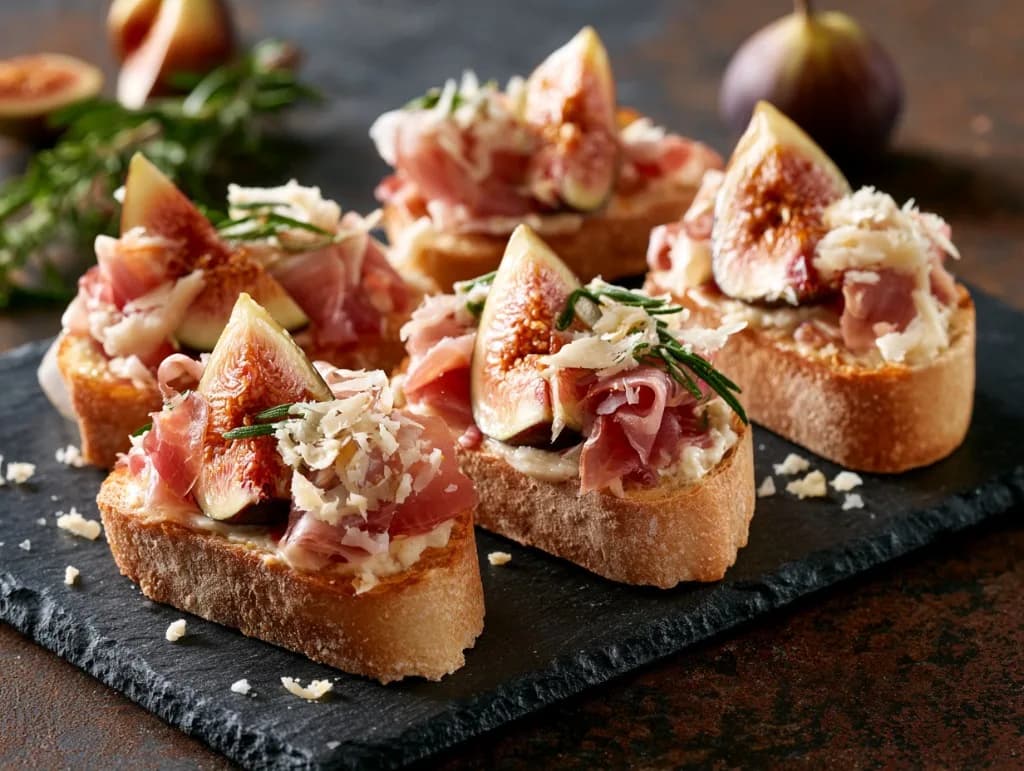 Recette Tartines fraîches aux figues, chiffonade de jambon et copeaux de cantal — anti-gaspillage | iAssiette