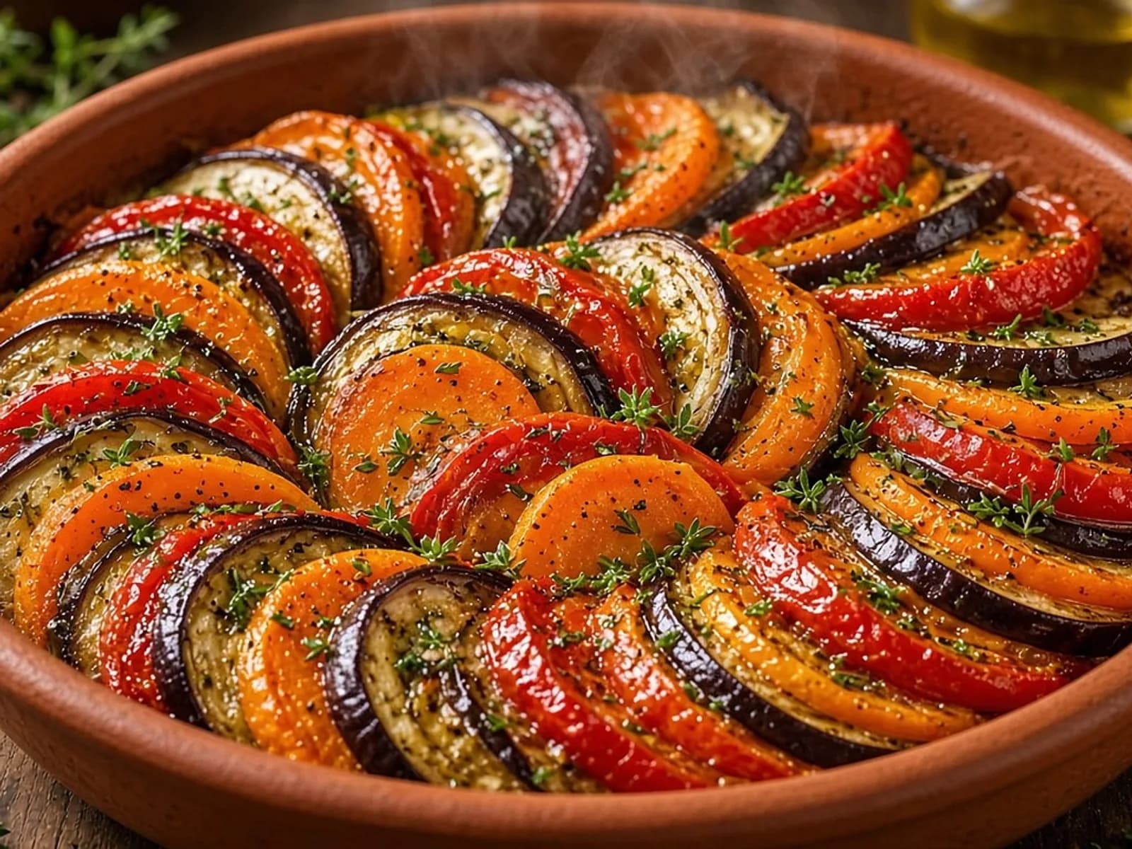 Tian poêlé d'aubergines, poivrons et carottes