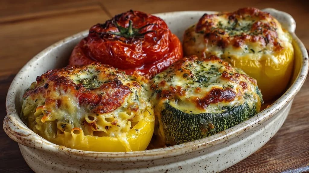 Tomates et courgettes farcies aux pâtes et fromage gratiné