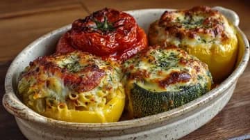 Tomates et courgettes farcies aux pâtes et fromage gratiné