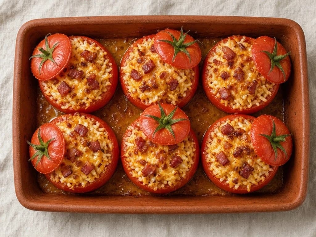 Tomates farcies au riz poêlé, lardons et fromage