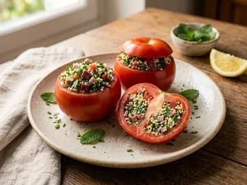 Tomates farcies froides au taboulé et dés de jambon, ouvertes sur une assiette — anti-gaspillage | iAssiette