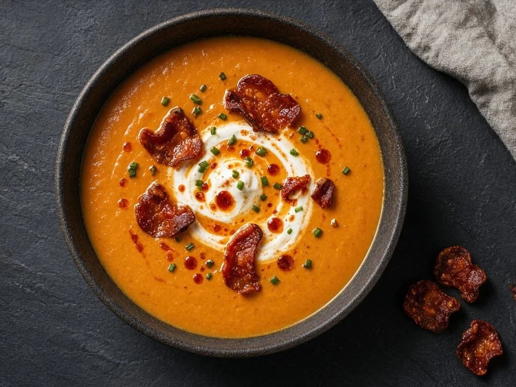 Velouté de légumes confits et chips de chorizo