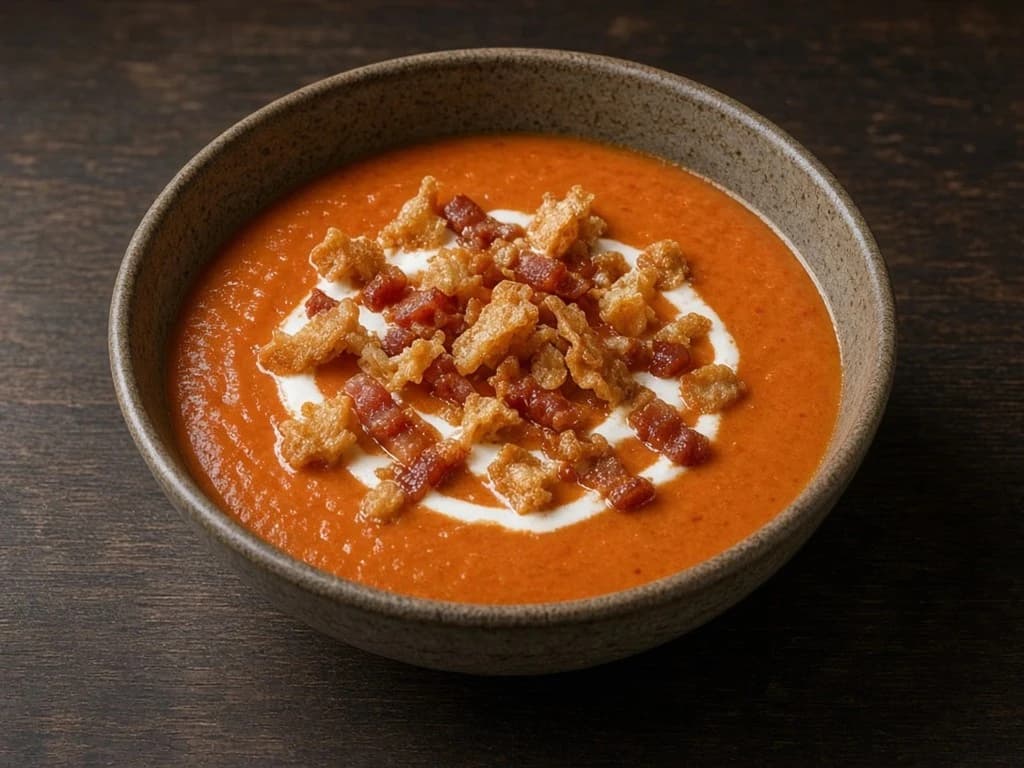 Velouté de tomates rôties garni de croûtons de pâtes et lardons