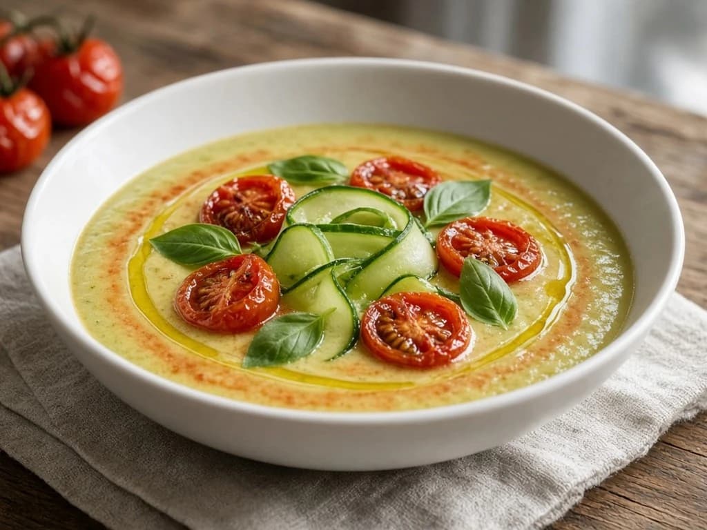 Velouté tiède de concombre et tomates rôties
