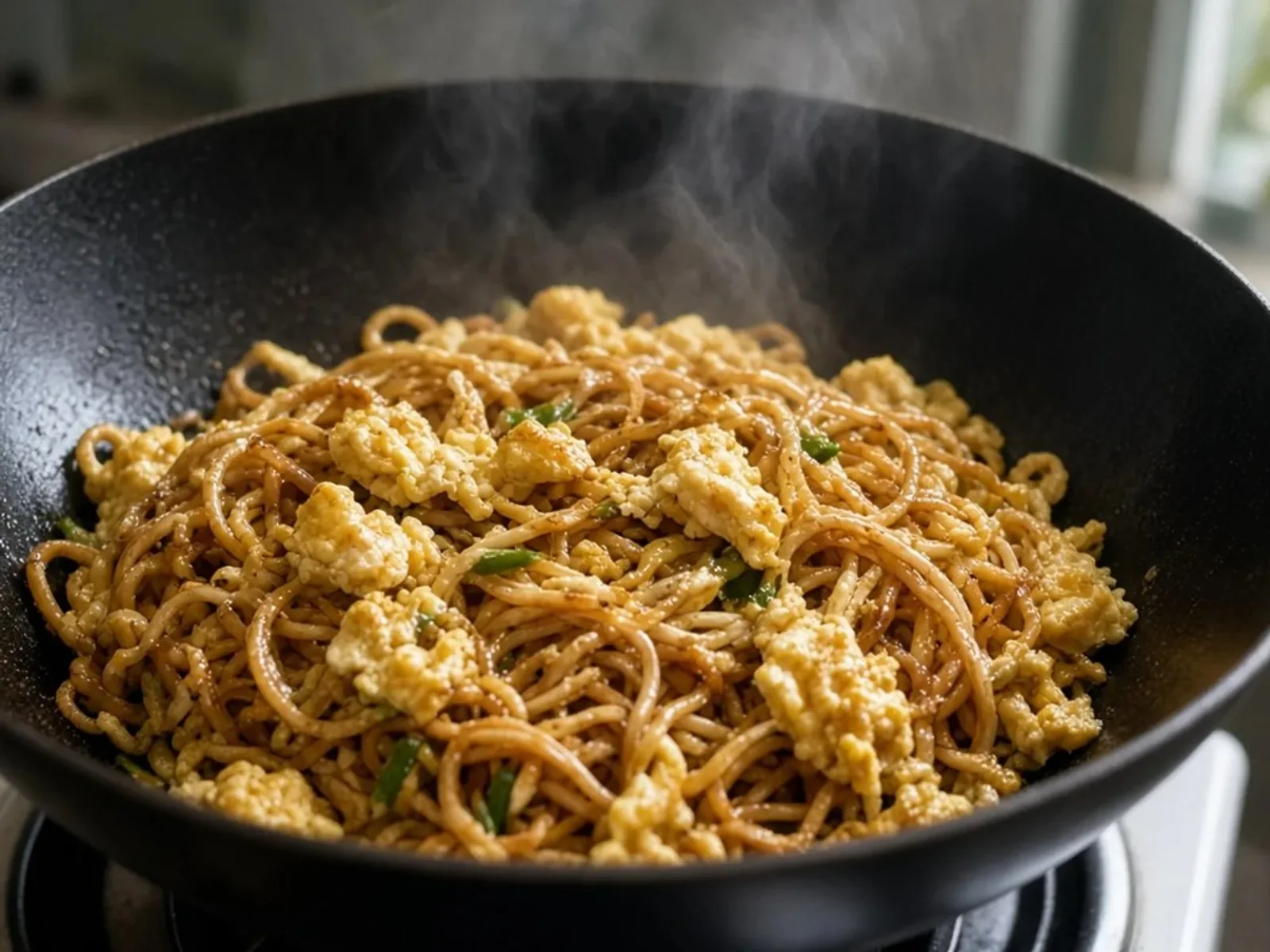 Wok de nouilles chinoises sautées à l'œuf brouillé