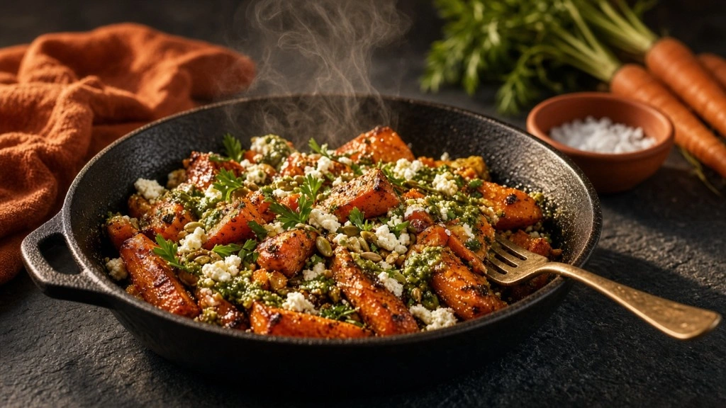 Idées anti-gaspillage avec restes de carottes : carottes rôties en salade tiède, feta et pesto de fanes