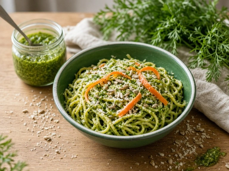 Pâtes au pesto de fanes de carottes maison Pâtes au pesto de fanes de carottes anti-gaspillage