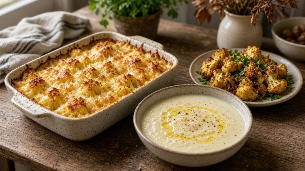 Assortiment anti-gaspillage autour du chou-fleur : gratin gratiné, velouté crémeux et fleurettes rôties aux herbes sur une table en bois.