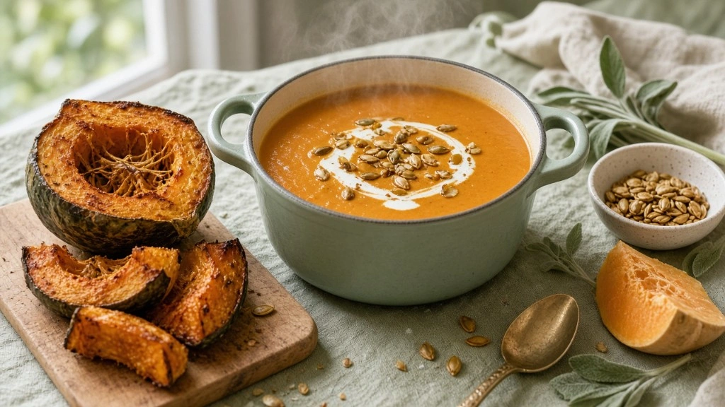 Idées anti-gaspillage avec restes de courge et potimarron : cocotte de velouté orange, potimarron rôti et graines grillées sur nappe en lin vert sauge