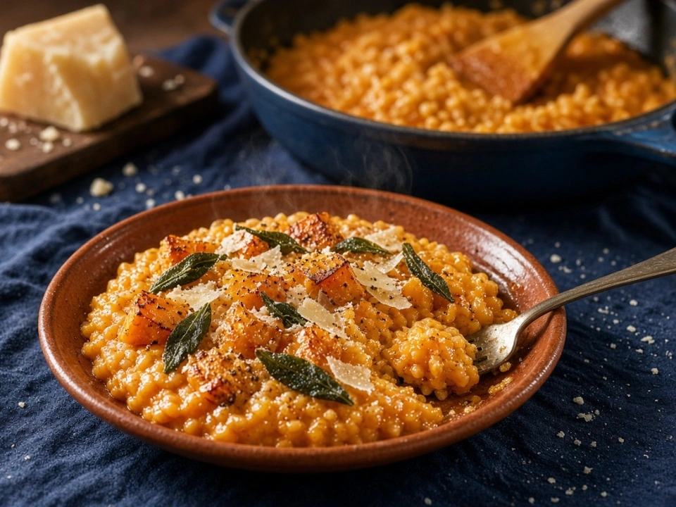 Risotto à la courge maison, dés de potimarron rôtis, sauge croustillante Risotto crémeux aux restes de courge et potimarron, sauge et parmesan