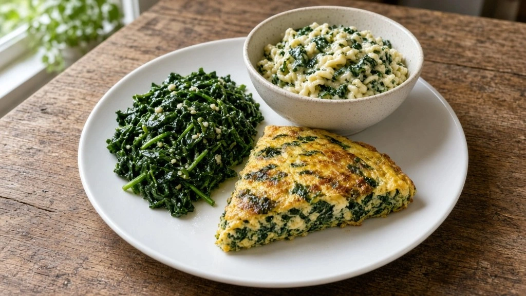Assortiment anti-gaspillage autour des épinards : poêlée à l’ail, omelette / frittata et pâtes crémeuses sur une assiette blanche.